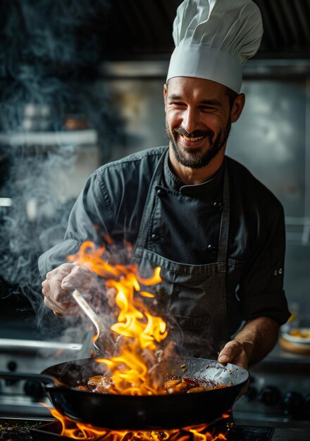 Bearded chef flambeing food in a pan