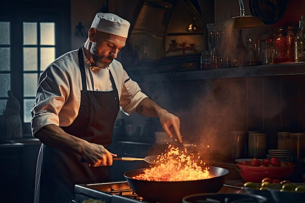 Photo bearded chef who is cooking in a restaurant kitchen