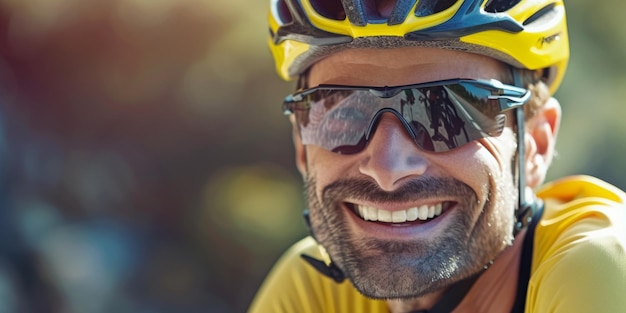 A bearded cyclist in a helmet and glasses smiles Portrait of a biker in the park Generative AI