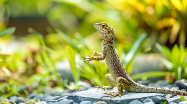 Bearded dragon basking on rocks