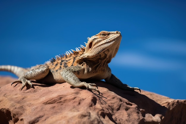 A bearded dragon on a rock in the su