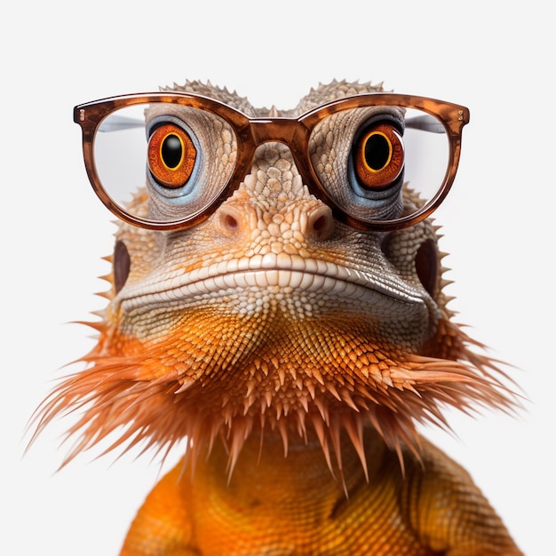 Photo a bearded dragon wearing glasses is shown