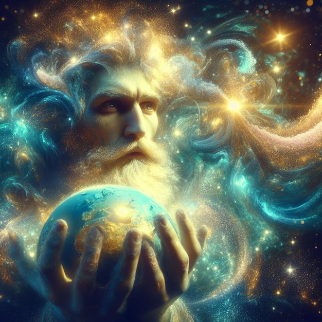 бородатый эфирный светящийся пожилой человек как бог, держащий глобус как метафора планеты Земля