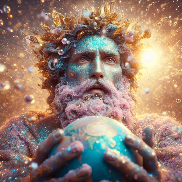 a bearded ethereal glowing senior man as a god holding a globe as planet earth metaphor concept