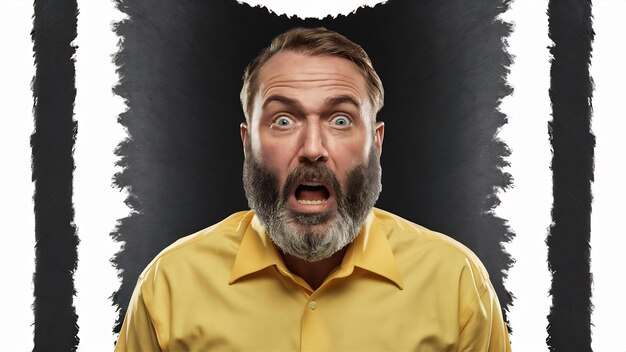 Bearded european man in yellow shirt isolated holding no screaming angry shocked