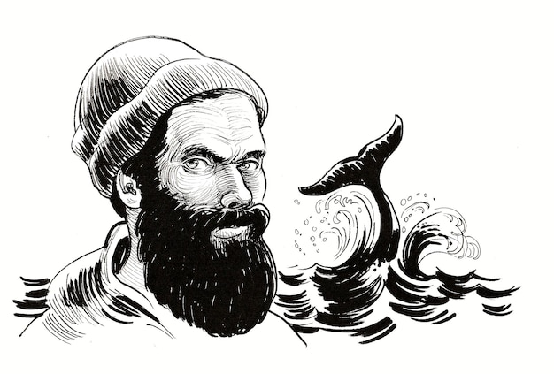 Bearded fisherman character and whale tale. Ink black and white drawing