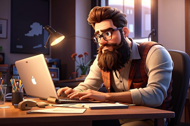 Foto tipo barbuto seduto davanti al portatile uomo che lavora al computer freelance rendering 3d illustrazione 3d