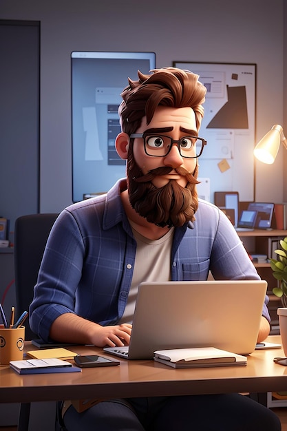Бородатый парень сидит перед ноутбуком мужчина работает на компьютере фрилансер 3d рендеринг 3d иллюстрации