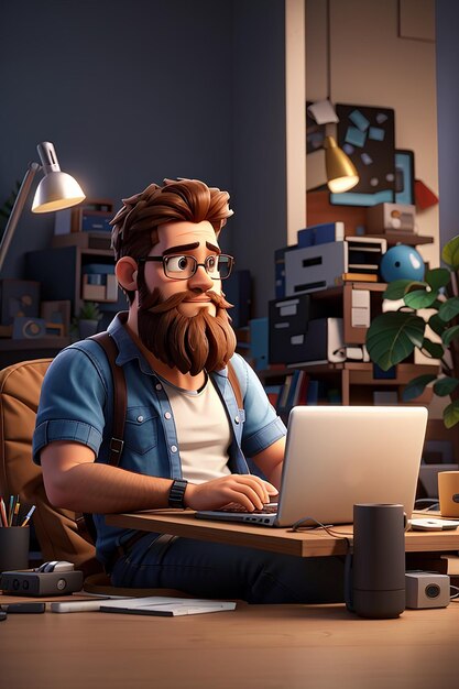 ラップトップの男の前に座っているひげを生やした男は、コンピューター フリーランサー 3 d レンダリング 3 d イラストで作業します。