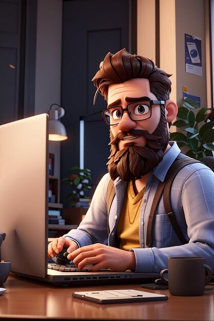 Фото Бородатый парень сидит перед ноутбуком мужчина работает на компьютере фрилансер 3d рендеринг 3d иллюстрации