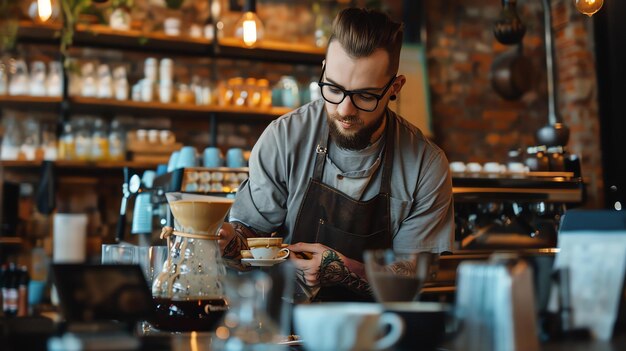 Bearded hipster barista making pour over coffee in a coffee shop