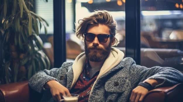 A bearded hipster man with sunglasses sitting in a chair ai