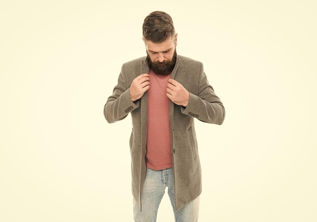 Bearded hipster stylish fashionable jacket Man wear casual stylish outfit Male wardrobe Tips and tricks handsome man Attractive and handsome Menswear and fashion concept Bearded and handsome