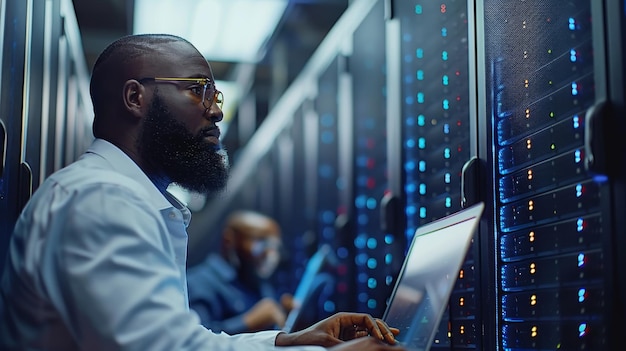 A bearded IT technician with glasses and a black male engineer colleague are using laptops while working in the data center next to server racks performing diagnostics or performing maintenance work