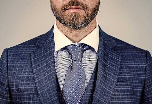 Bearded male face with unshaven facial hair cropped view in fashion formal style grey background beard
