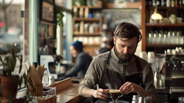 Bearded man in apron making coffee in cafe