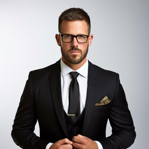 Bearded man in black suit and glasses