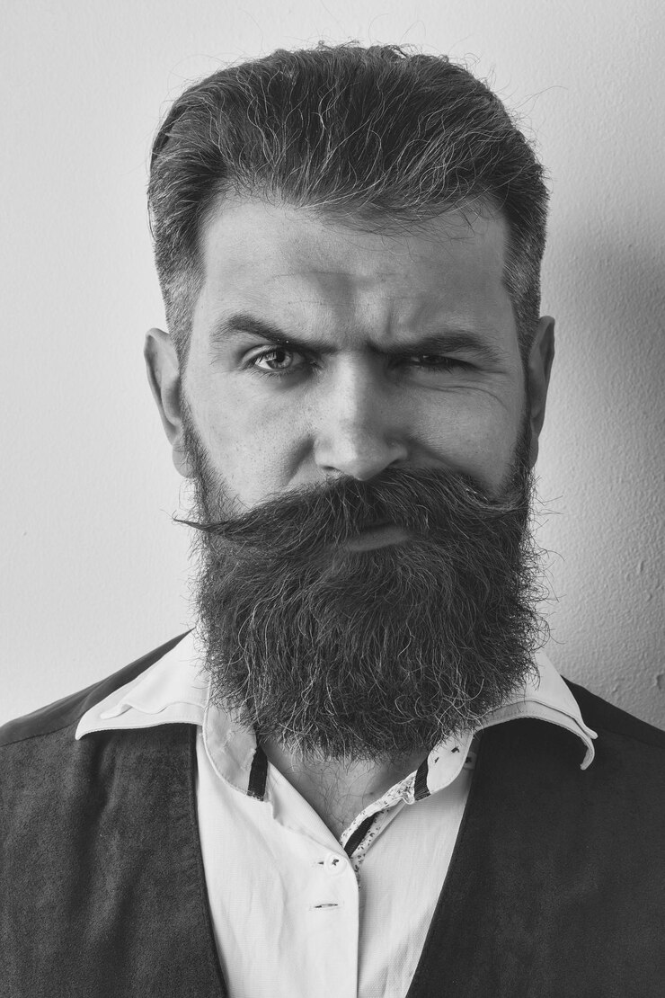 Bearded man, brutal caucasian hipster with sad face