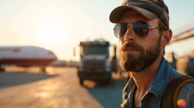 Bearded man in cap and sunglasses with contemplative gaze at airport during sunset