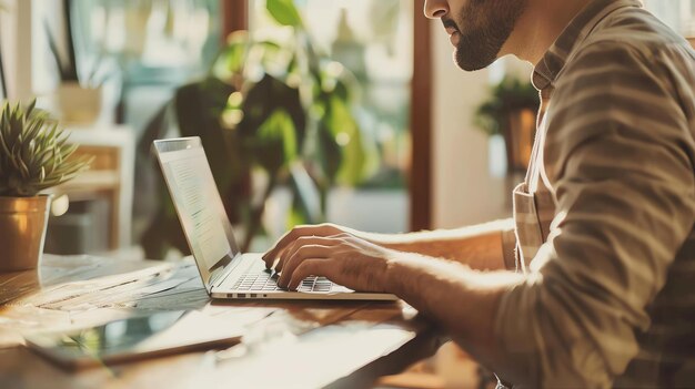 캐주얼 옷을 입은 수염이 있는 남자가 홈 오피스에서 노트북에서 일하고 키보드에 타이핑하고 스크린을 보고 있다.