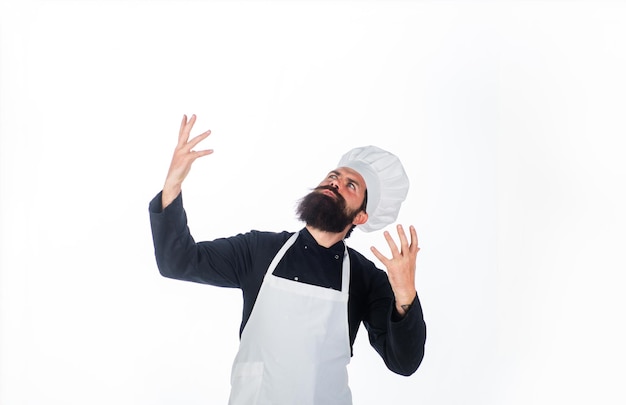 Bearded man in chef uniform chef ready to cook new dish male chef cook or baker in white hat and