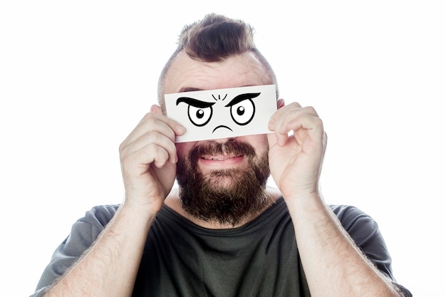 Photo bearded man closes his eyes with a paper mug