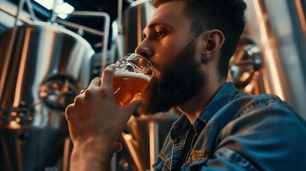 Photo bearded man in denim shirt is drinking beer from a glass in the brewery