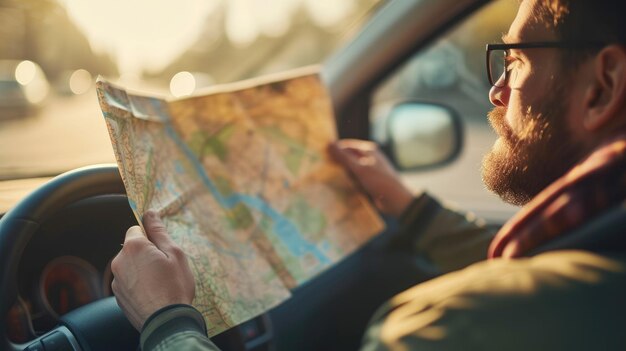 Foto bearded man die een kaart leest in de auto tijdens een zonnige dag