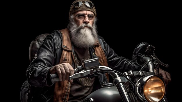 A bearded man dressed all in black riding his black Harley Davidson motorcycle on black background Close up