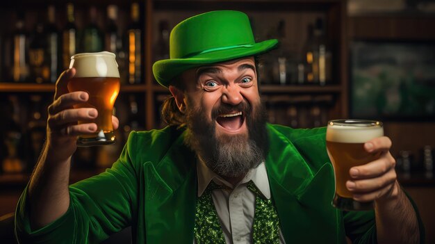 Bearded man dressed for st patrick's day celebration drinking beer