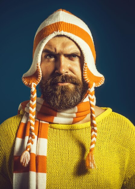 Bearded man dressed in warm winter clothing perfect style warm clothes for cold season handsome