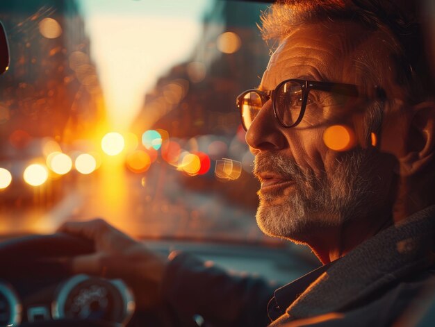 Photo a bearded man drives a vehicle on the road