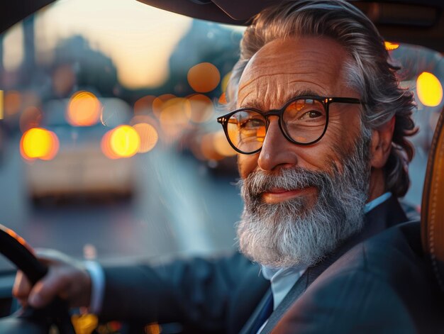 Photo a bearded man drives a vehicle on the road