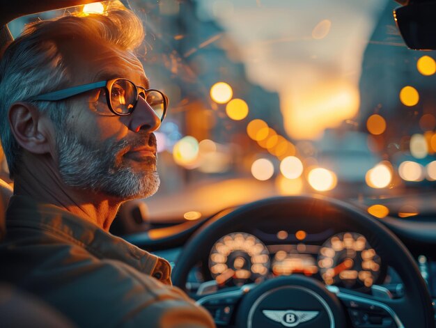 Photo a bearded man drives a vehicle on the road