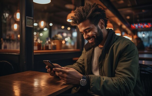 Photo bearded man engaged with smartphone in cafe generative ai