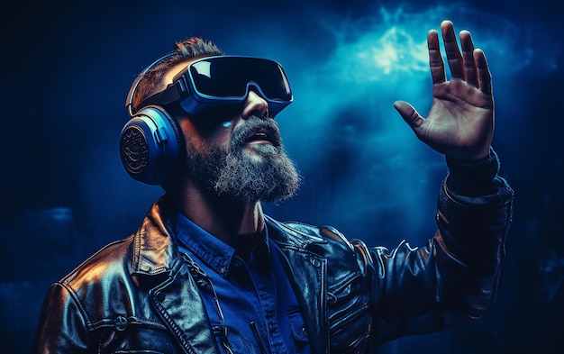 Bearded Man Engaging with VR Glasses and Touch Interface