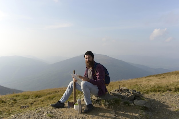 Bearded man explores route