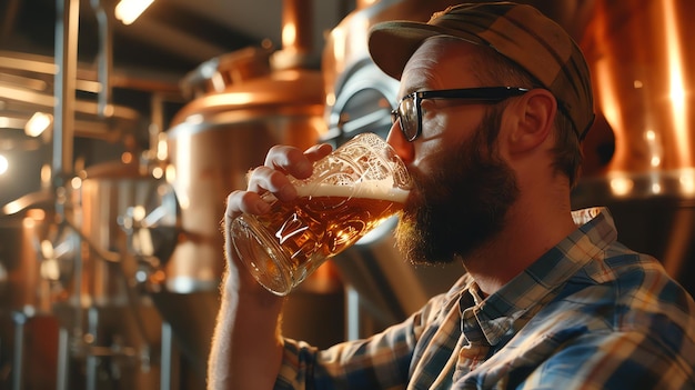 Photo bearded man in glasses and a cap is tasting his craft beer in the brewery