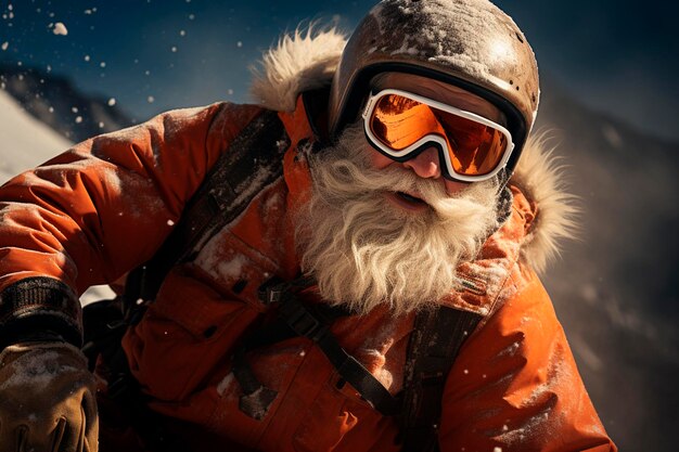 Bearded man in glasses and goggles with a snowboard in the mountainsgenerative ai