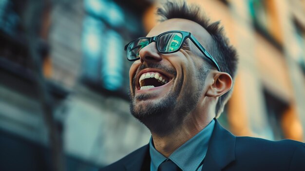 Foto l'uomo barbuto con gli occhiali ride di cuore mentre guarda in alto.