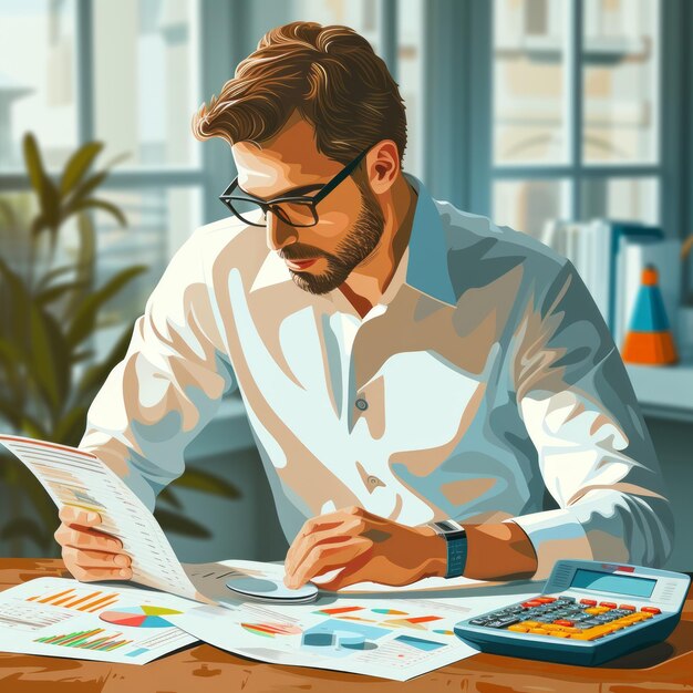 Bearded man in glasses reviews financial reports