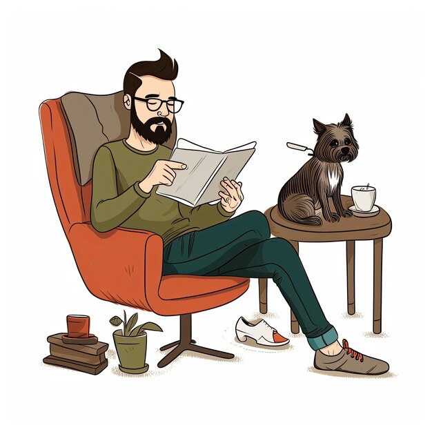 Foto un uomo barbuto con gli occhiali e un'acconciatura elegante in abiti giovanili si siede su una poltrona e legge un libro generato dall'intelligenza artificiale