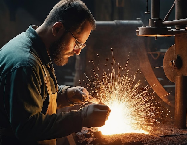 Bearded man in glasses in workshop skillfully operates a welding machine sparks flying in a display