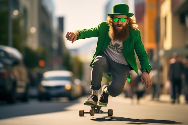 Bearded man in a green St Patricks Day outfit skateboarding down a city street