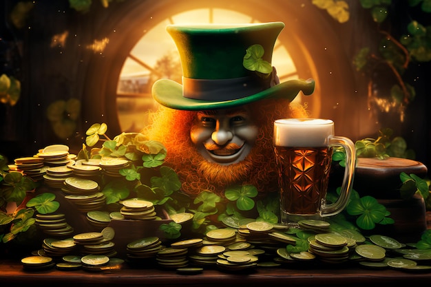 Bearded man in green suit and hat for St Patrick's day with beer gold coins and cloverLeprechaun