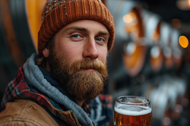 Bearded man holding glass of beer