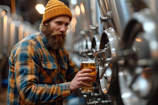 Photo bearded man holding glass of beer