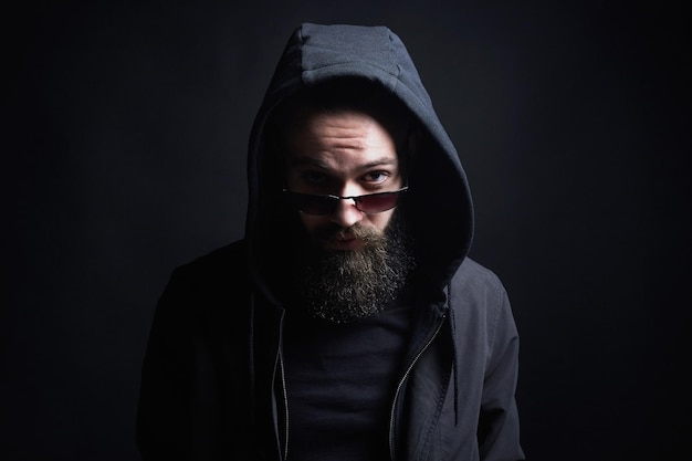 Bearded Man in Hood Boy in glasses