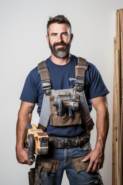 Bearded man in werkkleding met een gereedschapsgordel en met een machinegereedschap