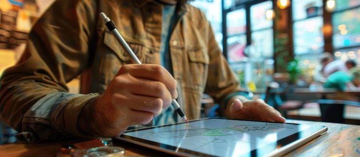 Photo a bearded man is drawing at his desk in a plantfilled studio with art supplies aig62